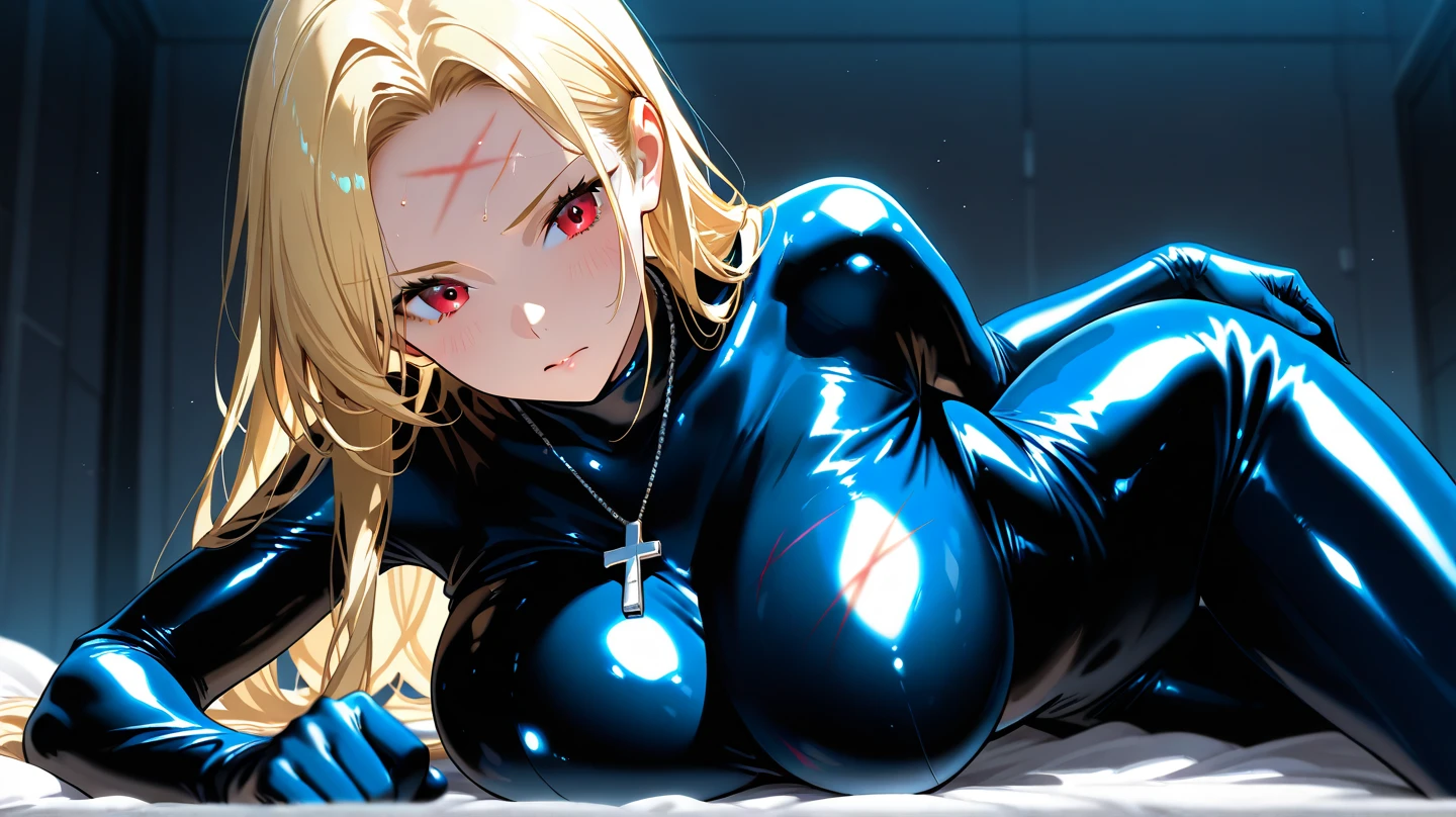 masterpiece, best quality, lancerAlter, yellow eyes, black bodysuit, underboob, lying on back, bed, from above, confused, blush, upper body <lora:lanceralter-nvwls-v1-000012:0.9>