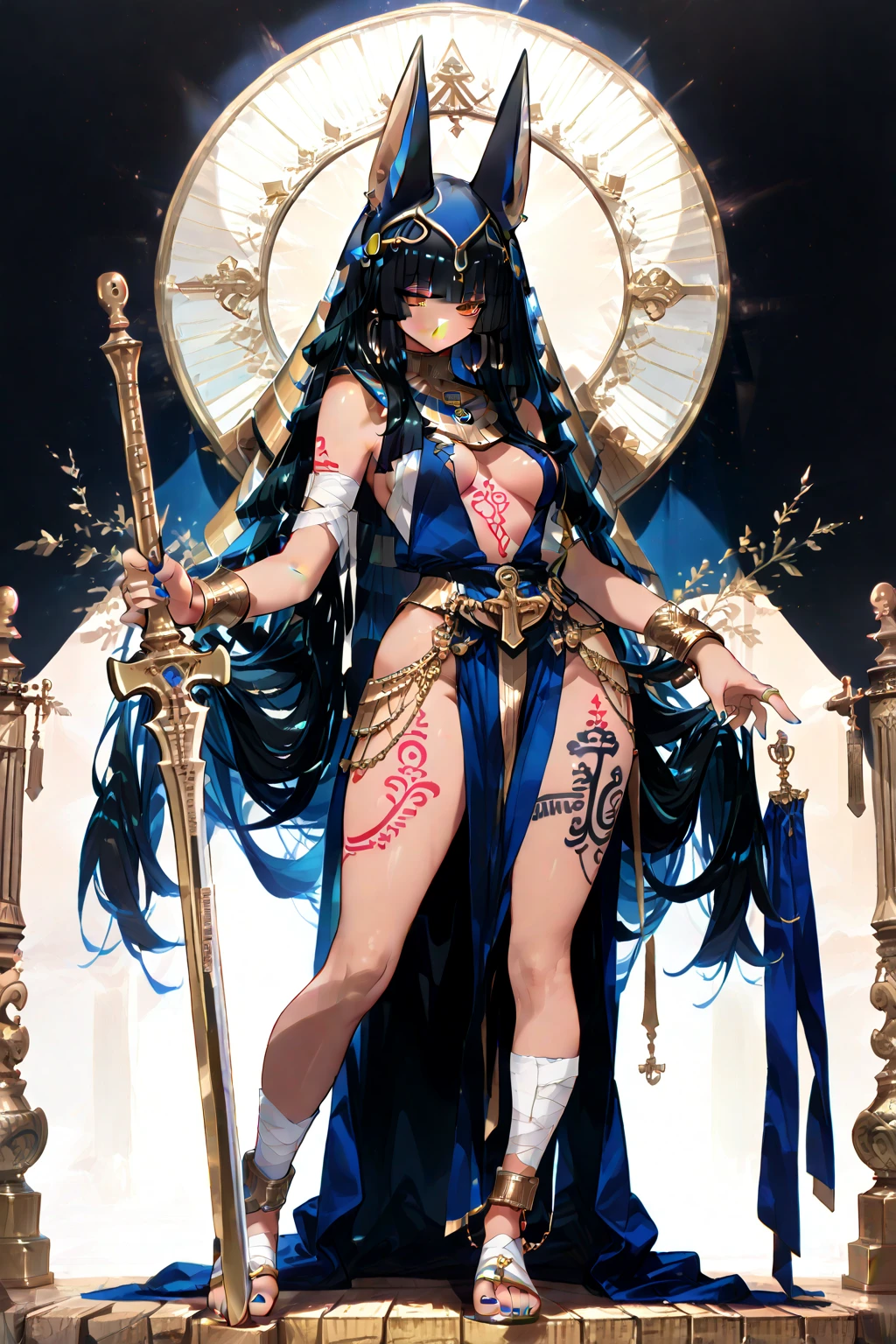 Dark skinned woman with long black hair,Veil,Squinting eyes,blue persian clothing,cleavage,bare arm,thong,persian palace