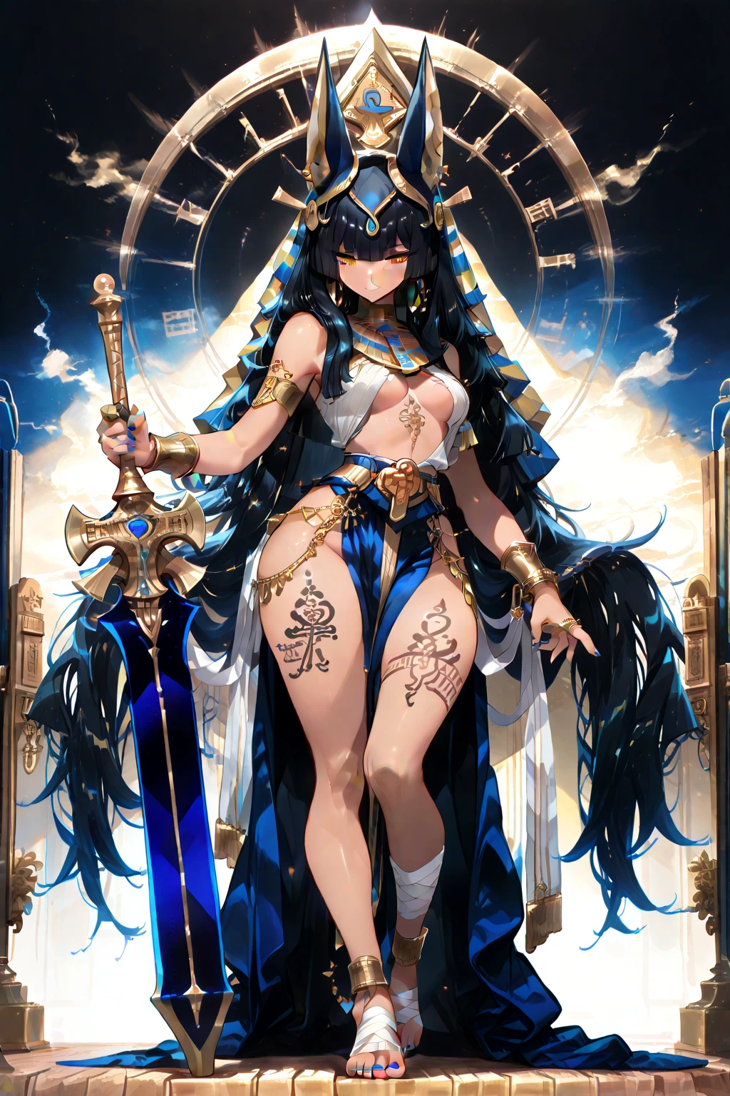NSFW,((masterpiece,Highest quality)), Perfect hands,Perfect Legs,One Girl, alone,alone, smile, View your audience,Large Breasts,detailed,Golden Bikini,Gold Bikini,golden,goddess,Anubis,