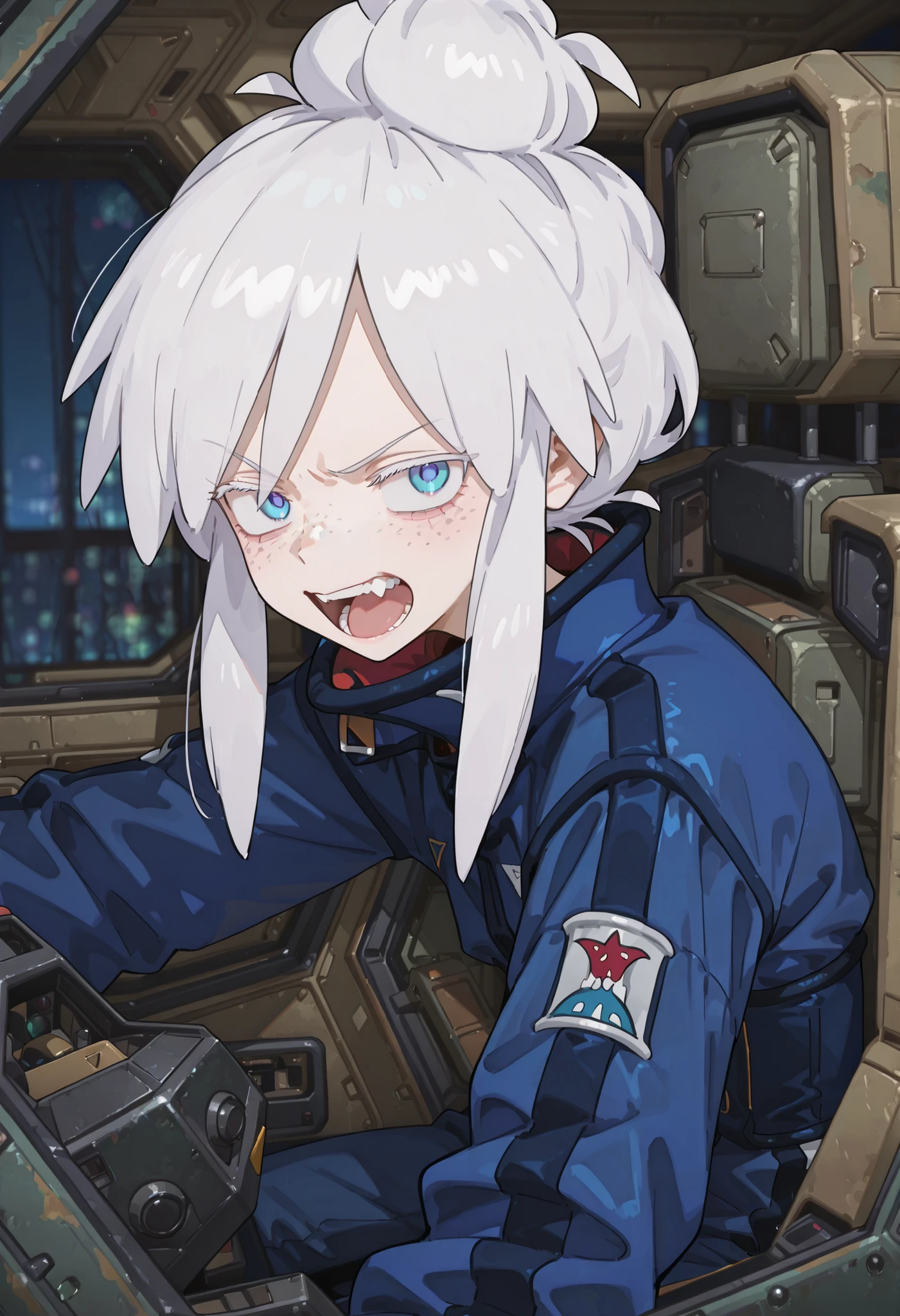 Deux_Murasame、white hair, blue eyes, blue jacket。In the cockpit。facing the front。sitting。freckles。angry face。Both arms have steering wheels。Open your mouth。leaning forward。Crazy Eyes