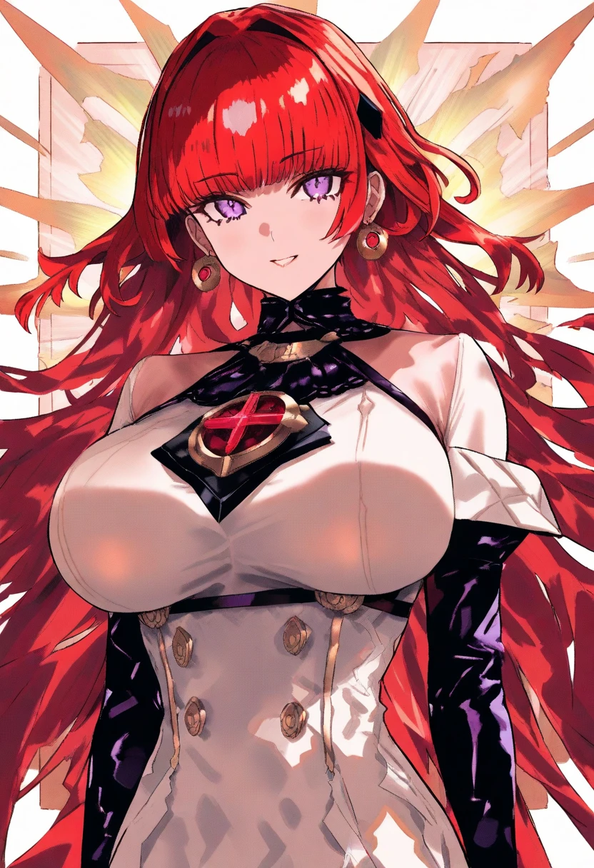 This character is a woman with an imposing and captivating appearance. She has long, flamboyant red hair that falls elegantly over her shoulders and down her back. His eyes are an intense red, adding an aura of mystery and danger. She has a pale complexion and fine facial features, with lips often drawn into a slight, enigmatic smile. She wears a sophisticated outfit, probably a dark uniform or suit, which reinforces her professional and serious appearance. His posture is straight and confident, exuding unwavering confidence.