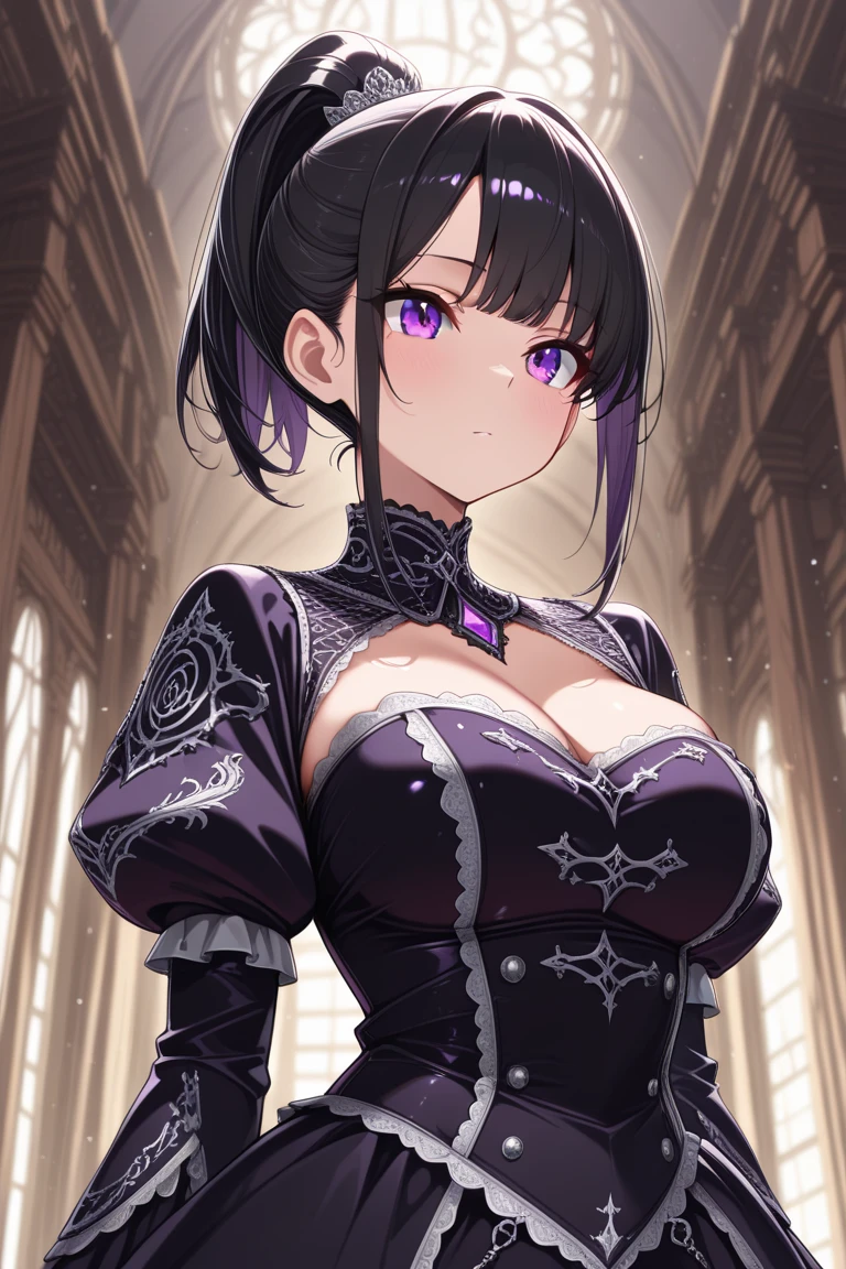 (Masterpiece, Best quality, Ultra-detailed, Best shadow), (Detailed background,Dark fantasy), (Beautiful detailed face), (Off-the-shoulder attire), Colorful,take up close, Hyper-detailing,White color hair,daggers,scowling,frenzied,big laughter,Medieval Street, 1 girl, Solo,whaite hair, sharpy face,short detailed hair,Purple eyes, Bare neck,(little breast)