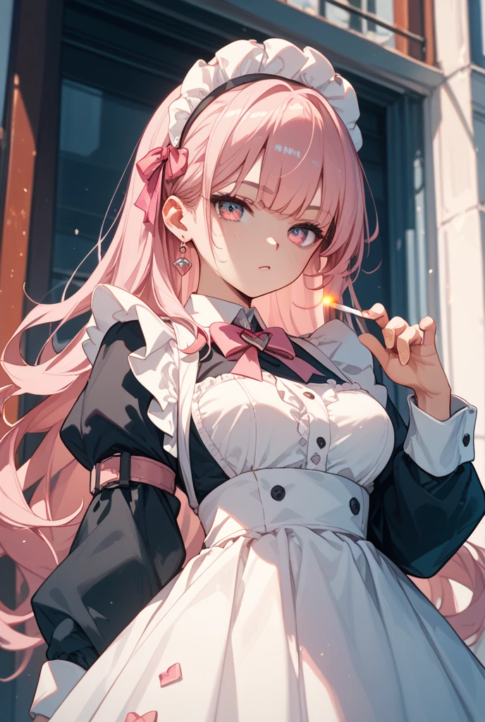 Young, submissive, pink aesthetic, AI anime girl's thighs, short, white and pink, lingerie maid skirt, stockings, garters, fishnets. Older, dominant, dark and edgy vibe, tall, muscular man cuddling her. 1girl, 1 guy. Earrings, Rabbit Ears, Blush, Shy, Soft Colors,