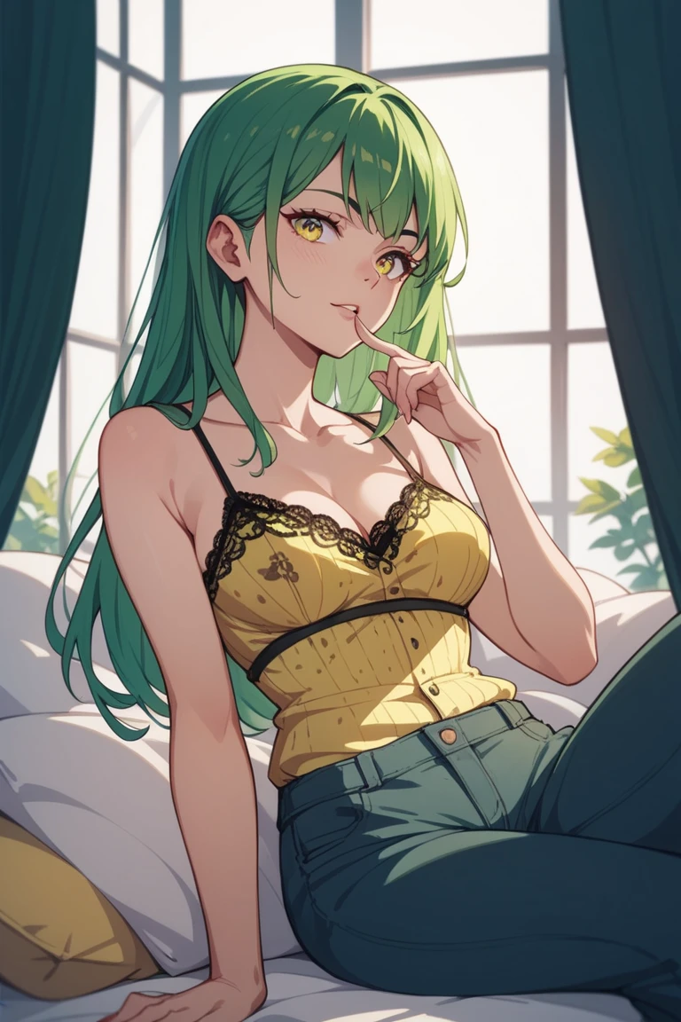 (masterpiece), (best quality), (ultra-detailed), (best illustration), (best shadow), (absurdres), Female, 25 years old, looking at viewer, steam, nsfw, serious, green hair, nose blush, light smile,