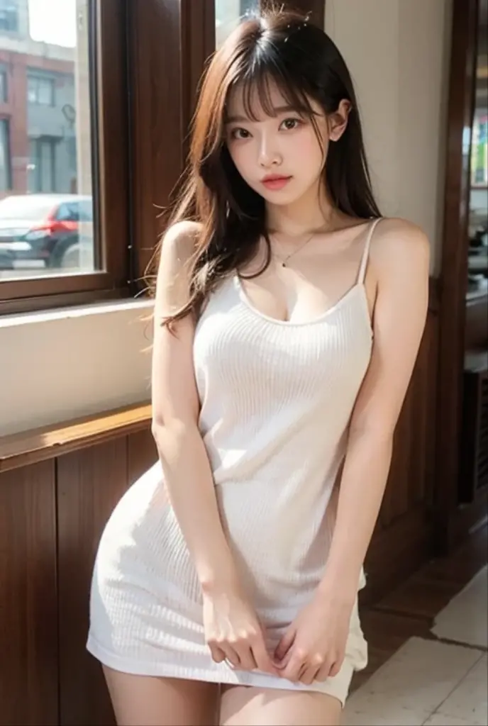 (Highest quality, masterpiece, 16K, Super detailed, Beautiful Skin, Professional Lighting)
{{One Girl:smile：Showing teeth}}, whole body, , ({White tight camisole::See-slow:Nipples:1.2),{{Glancing sideways}}
