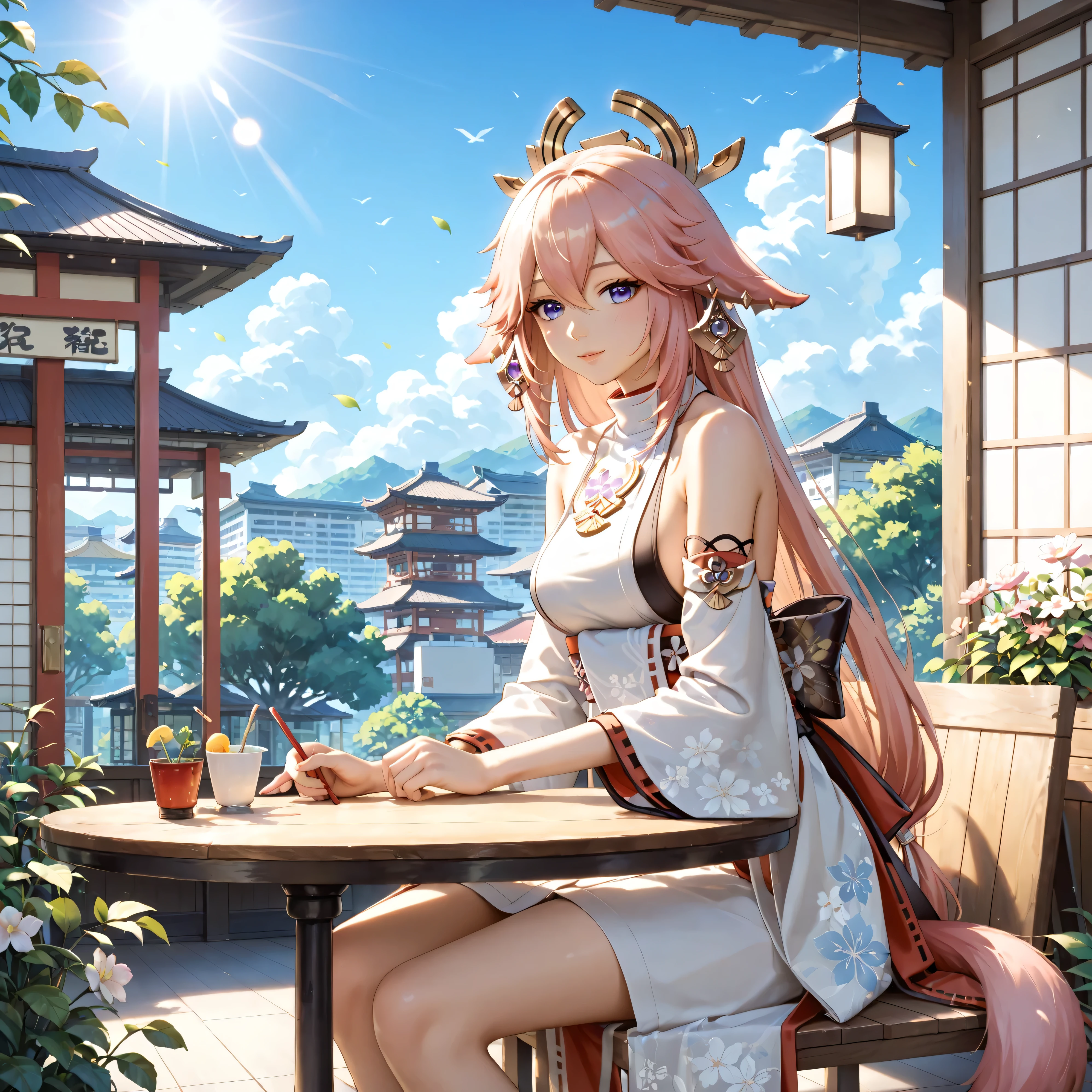 Yae Miko from Genshin Impact,fox woman,invisible nine tails sitting at an outdoor restaurant table, enjoying summer near Tokyo, Japan, wearing a stylish summer yukata, warm sunlight, blue sky, gentle breeze, flowers and greenery around, city skyline in the background, anime style, soft lighting, relaxed atmosphere, detailed illustration, high quality, 32k, masterpiece

