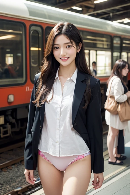 purple race、Black Hair、Eye color is dark brown、Thin face、beauty eyes,People commuting by train、sexy pastel violet suit,big smile,erotic mood,bare chest,