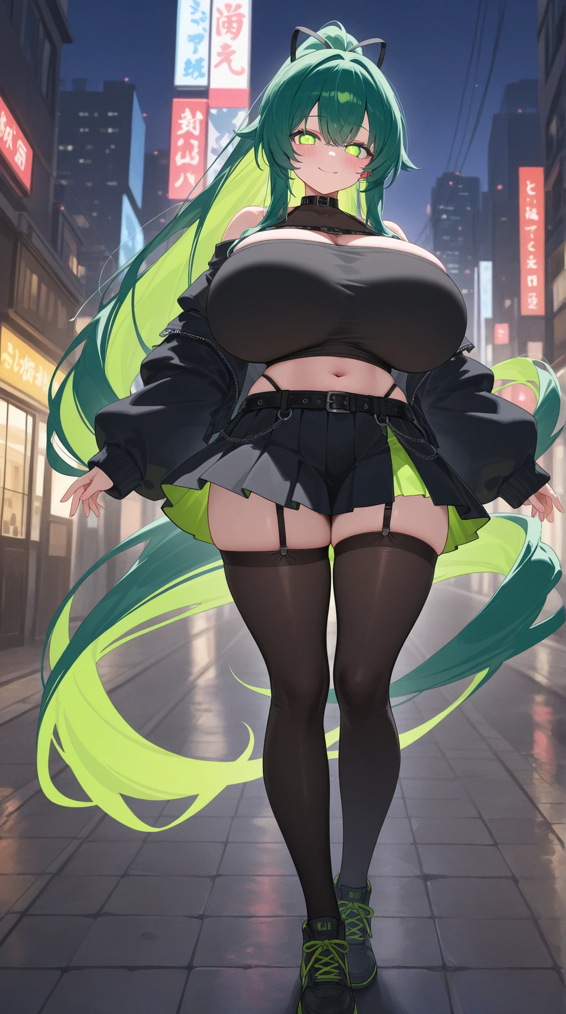 woman, green eyes, hoop earrings, bracelet, detailed, purple hair styled in loose waves, skin texture, full lips, huge lips, collar, centered, tanned skin, 8k, highly, camouflage long tight dress, tight skirt, pleated skirt, wide hips, eyelashes, eyeshadow, bubblebutt, deep cleavage, breast enlargement, dark green platform boots, high heels, long legs, cyberpunk, neon lights, camouflage tighhigh stockings, camouflage fishnets, no underwear, no panties, belly button, looking at viewer, photo-realistic, glowing colors, glowing skin, camouflage beret, holding a pistol in one hand,