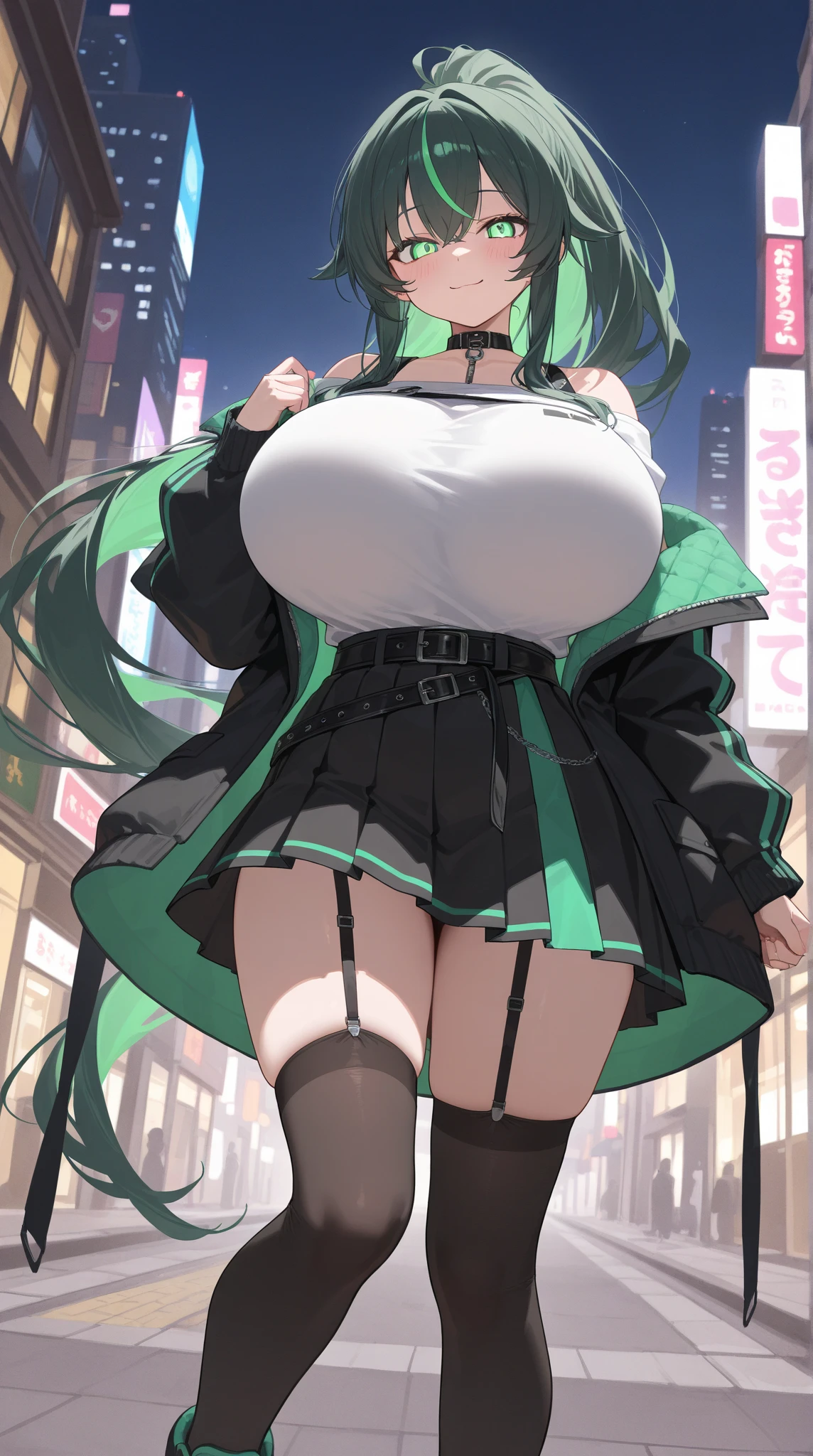 Young female, giantess (15ft 6in height), curvy body, DDD size breasts, dark green hair in two high buns, light blue eyes with designs, beautiful, vertical labret piercing, wearing comfortable simple style clothes. Standing next to Charlotte Katakuri from the anime 'One Piece'.