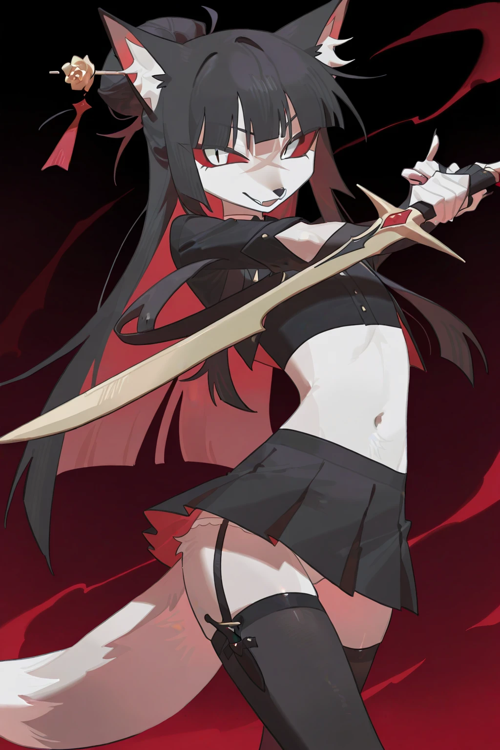 Dark evil devil Woman, Short red and black hair, Long black devil horns on head (with red outlines), Long evil sinister sharp teeth smile, black eyes with red pupils, white pale skin, black mist in background, Dark Red cap on back, Holding a long dark metal staff with Microphone on tip.