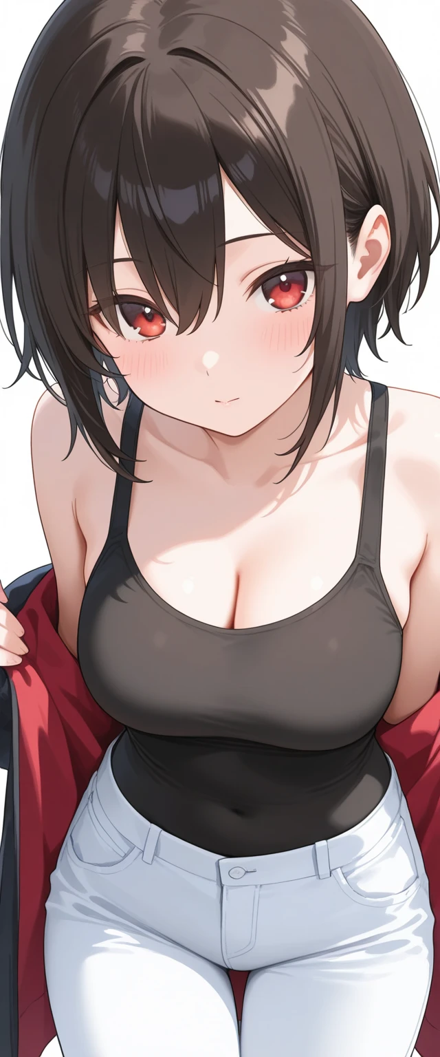 Explicit,nsfw,1girl,Solo,(red  eyes and black eyes:1.3),light  hair,grey eyes,best quality, very aesthetic, absurdres,eyes,breasts,attractive,adorable,simple,side locks,sideburns,bigbreast,(Gradient hair),(black hair:1.3),(Androgynous:1),(straight on),big breast,Good skin,straight hair,looking at viewer (red and black),(White Breath),upper body