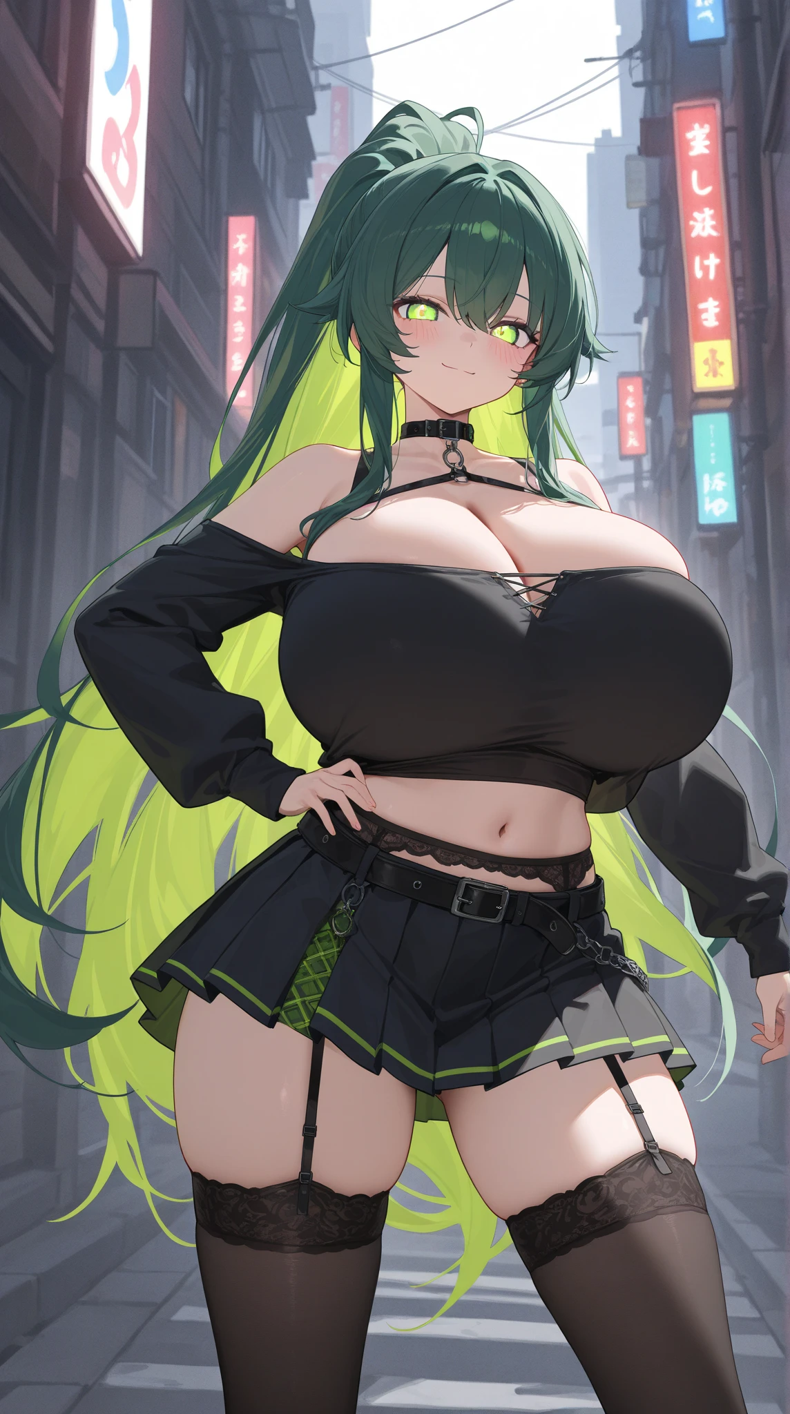 smile, Pencil_Dress, pink eyes, green hair, wide hips, gigantic breasts, cityscape,