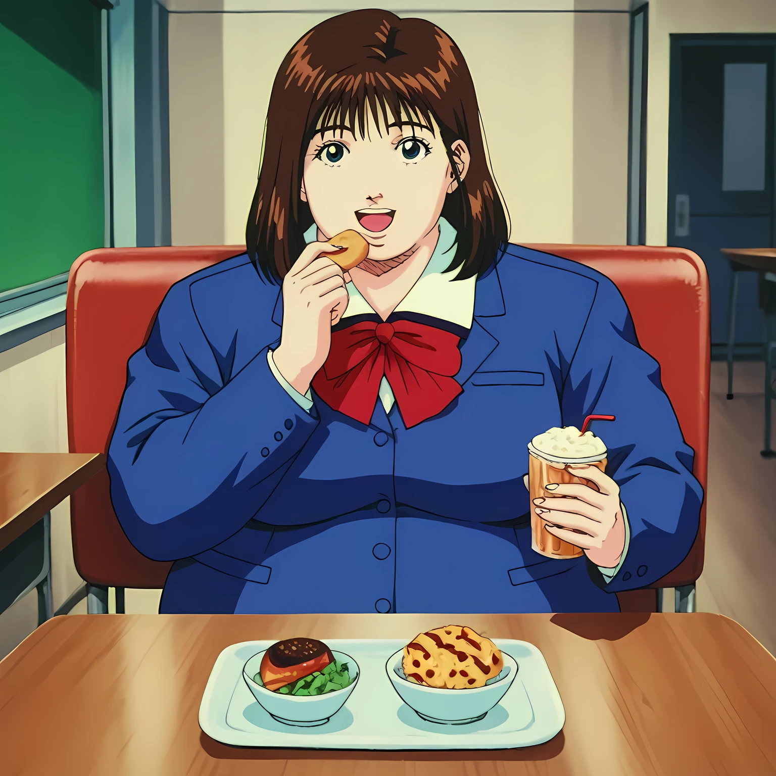 best quality,masterpiece,looking at viewer,absurdres,1girl,depth of field,score_9,score_8_up,score_7_up,source_anime BREAK 1990s \(style\),retro artstyle,akagi haruko,blue eyes,brown hair,medium hair,school uniform,jacket,blue jacket,blazer,red bow,bow,skirt,school,smile, fat, chubby, obese, gigantic arms and legs, large breasts open mouth, out of breath, indoor, restaurant, chair, table, eating food, in front of tones of food, pov belly, from above,