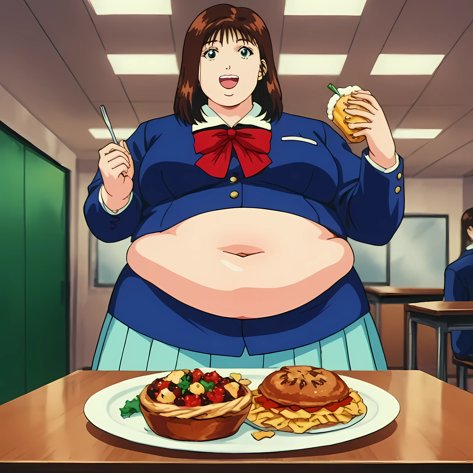 best quality,masterpiece,looking at viewer,absurdres,1girl,depth of field,score_9,score_8_up,score_7_up,source_anime BREAK 1990s \(style\),retro artstyle,akagi haruko,blue eyes,brown hair,medium hair,school uniform,jacket,blue jacket,blazer,red bow,bow,skirt,school,smile, fat, chubby, obese, gigantic arms and legs, large breasts open mouth, out of breath, indoor, restaurant, chair, table, eating food, in front of tones of food, pov belly, from below, full body shot,