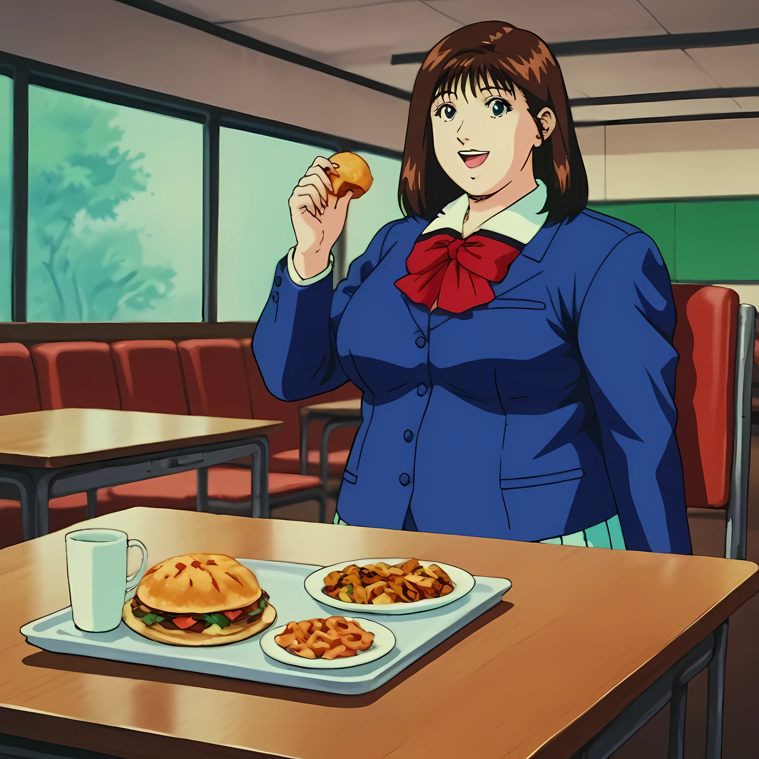 best quality,masterpiece,looking at viewer,absurdres,1girl,depth of field,score_9,score_8_up,score_7_up,source_anime BREAK 1990s \(style\),retro artstyle,akagi haruko,blue eyes,brown hair,medium hair,school uniform,jacket,blue jacket,blazer,red bow,bow,skirt,school,smile, fat, chubby, obese, gigantic arms and legs, large breasts open mouth, out of breath, indoor, restaurant, chair, table, eating food, in front of tones of food, pov belly, from side, full body shot, looking at food,