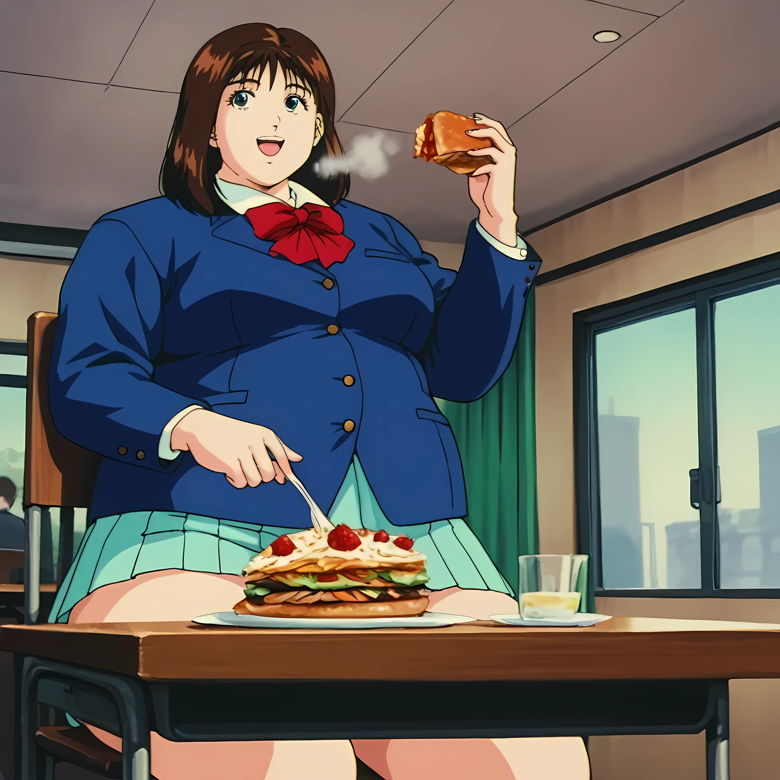 best quality,masterpiece,looking at viewer,absurdres,1girl,depth of field,score_9,score_8_up,score_7_up,source_anime BREAK 1990s \(style\),retro artstyle,akagi haruko,blue eyes,brown hair,medium hair,school uniform,jacket,blue jacket,blazer,red bow,bow,skirt,school,smile, fat, chubby, obese, gigantic arms and legs, large breasts open mouth, out of breath, indoor, restaurant, chair, table, eating food, in front of tones of food, pov belly, from below, full body shot, sitting