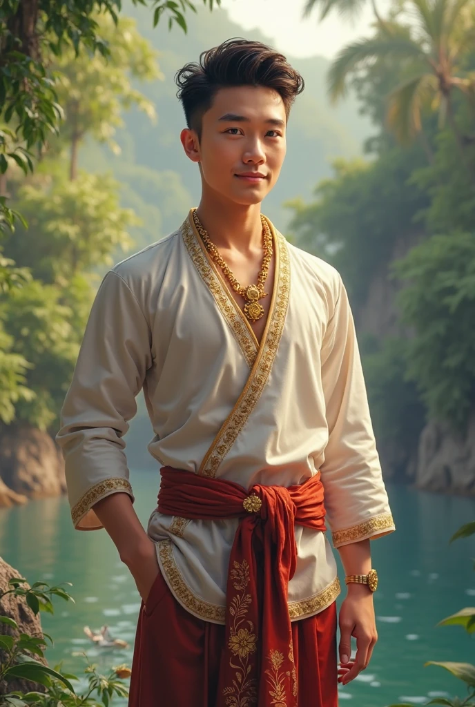 a realistic photography, A man is crucified upside down from a tree, mountain in background, There are yellow ropes at the wrists and ankles, The person should be dressed in traditional Thai ancients blue golden gowith intricate patterns and vibrant colors.wearing head a golden Thai chada, wearing a golden mixed diamonds accessories and jewellery, View from front, facing the image balance, illuminated by natural sunlight. Ensure the image is detailed and three-dimensional, capturing the essence of Thai culture, with a vivid and profound quality. The image should have 