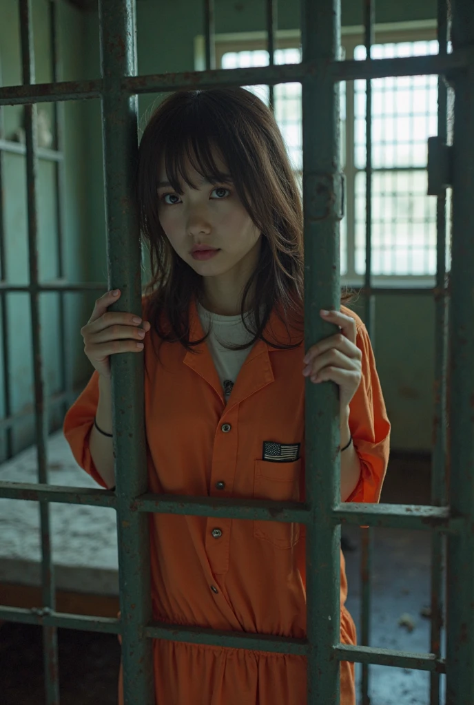 dreamy atmosphere, high quality,Color scheme of old polaroid cheki photos ,low profile,Very low contrast、from above、face close-up、topless, actual、Photos are real、Very detailed cute girl、alone、18 years old、Japanese melancholy expression, (Dirty prison uniform:1.4)brown hair、curly shorthair cat、(Prison in the background:1.5)、Out of Focus、vague、