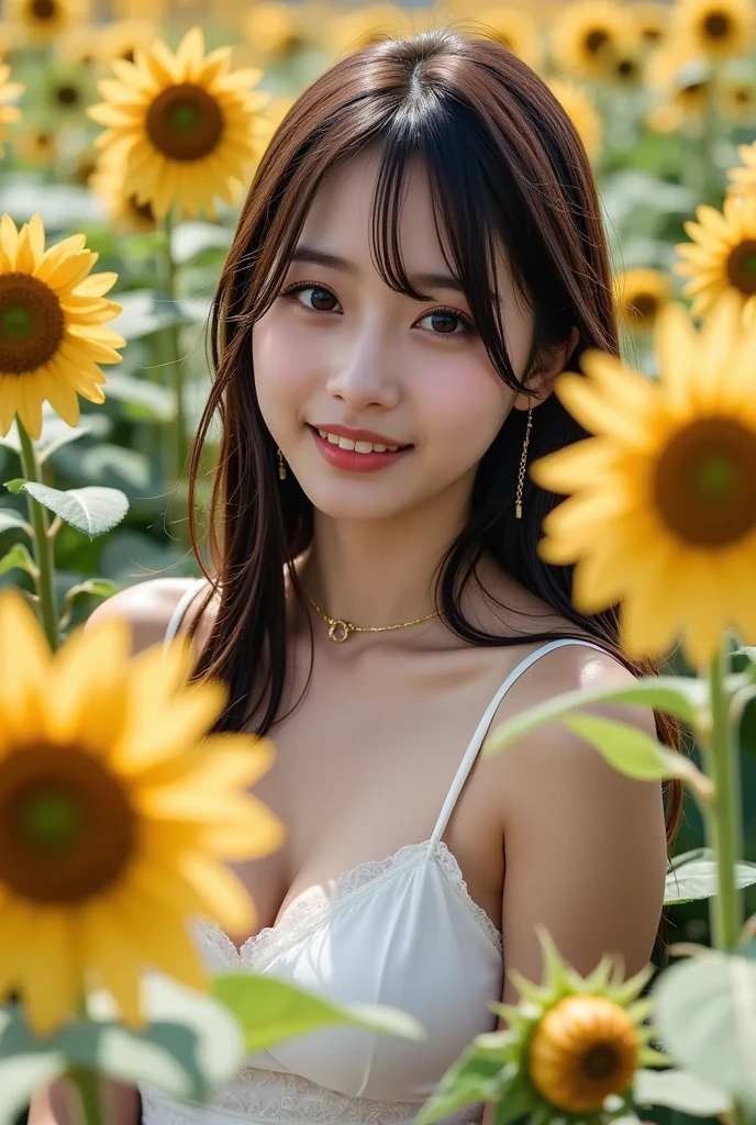 masterpiece, highest quality, Ultra-high resolution, Fluorescent color,, 1 girl, Looking at the audience, Beautiful Face, Beautiful Eyes, (Off the shoulder: 1.2), Lift your head, Upper Body, forest, Shiny Hair, Shiny skin, Shining cut, Little, Adjusting the Finger Ratio、Flower Field、Under the sky、uniform