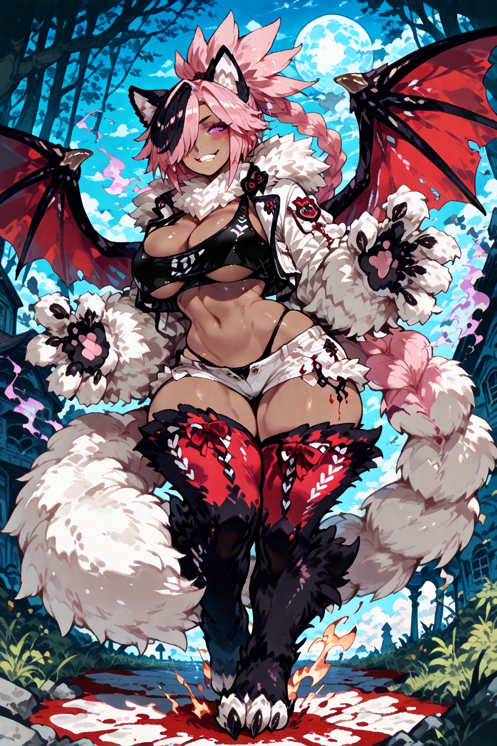 sonic the hedgehog (series),(evil amy rose),1girl, breasts, jewelry, choker, red_eyes, solo, evil_smile, huge_breasts, long_hair, cleavage, bracelet, thighhighs, looking_at_viewer, red_hair, black_choker, thighs, horns, shiny, earrings, gloves, collarbone, jacket, thick_thighs, black_legwear, shiny_skin, lipstick, makeup, thigh_boots, cowboy_shot, bodysuit, curvy, black_leotard, holding, leotard, covered_navel, elbow_gloves, lips, highleg, standing, red_background, wide_hips, simple_background, skin_tight, shiny_clothes, hoop_earrings, shiny_hair, eyelashes, long_sleeves, bangs, black_jacket, boots, open_clothes, thick_eyebrows, bangle, parted_lips, zipper, pale_skin, microphone, covered_, parted_bangs, skindentation, collar, ahoge, latex, demon_horns Satou Kuuki art, Satou Kuuki style, Satou Kuuki illustration
