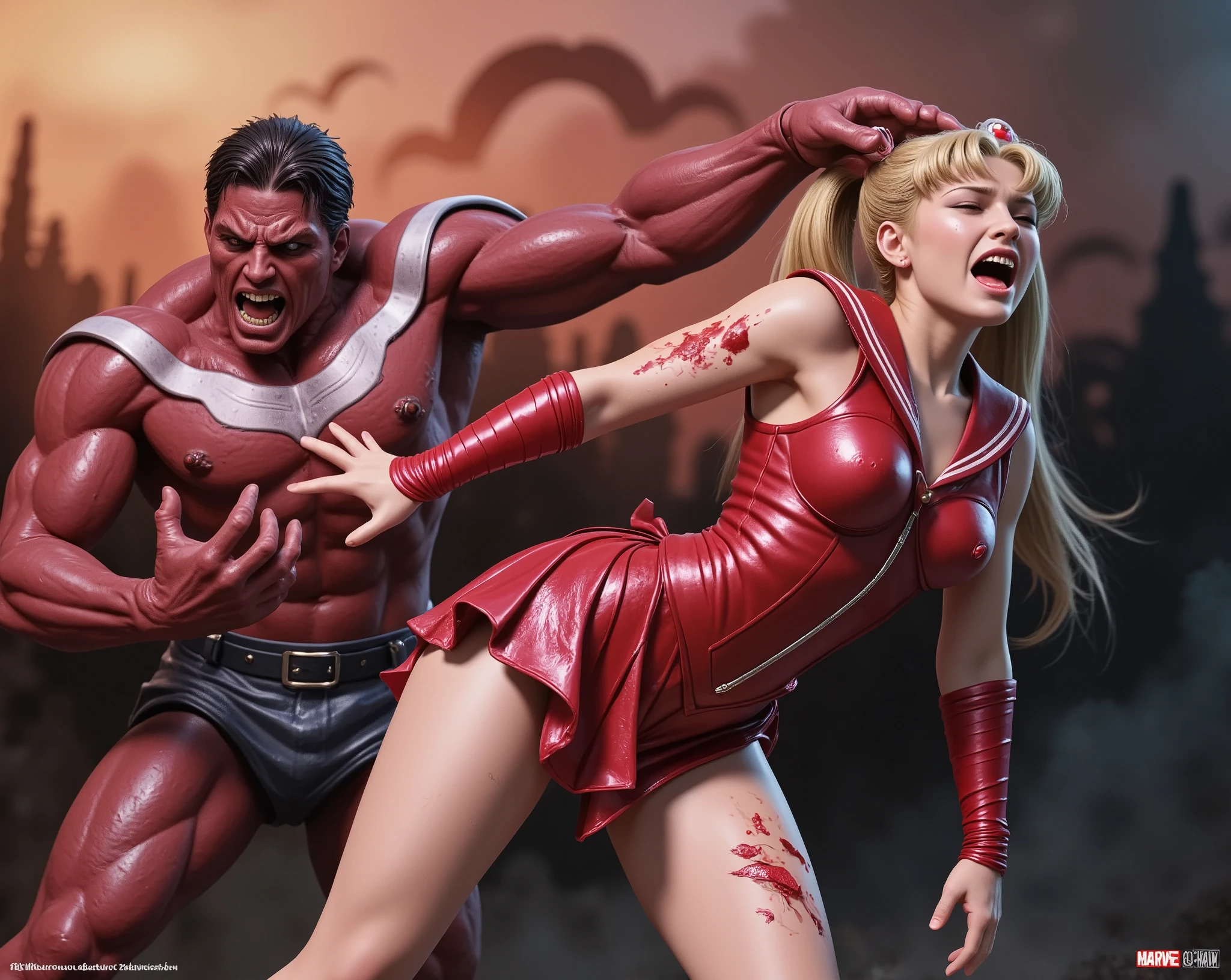 Sailor Moon is defeated from fighting with a monster, she exhaust, injury, eyes close, painful face, screaming in pain, bruise, tattered clothes, a giant monster is holding Sailor Moon head, he pull her arm back, dark scene, hyperrealism, realistic,
