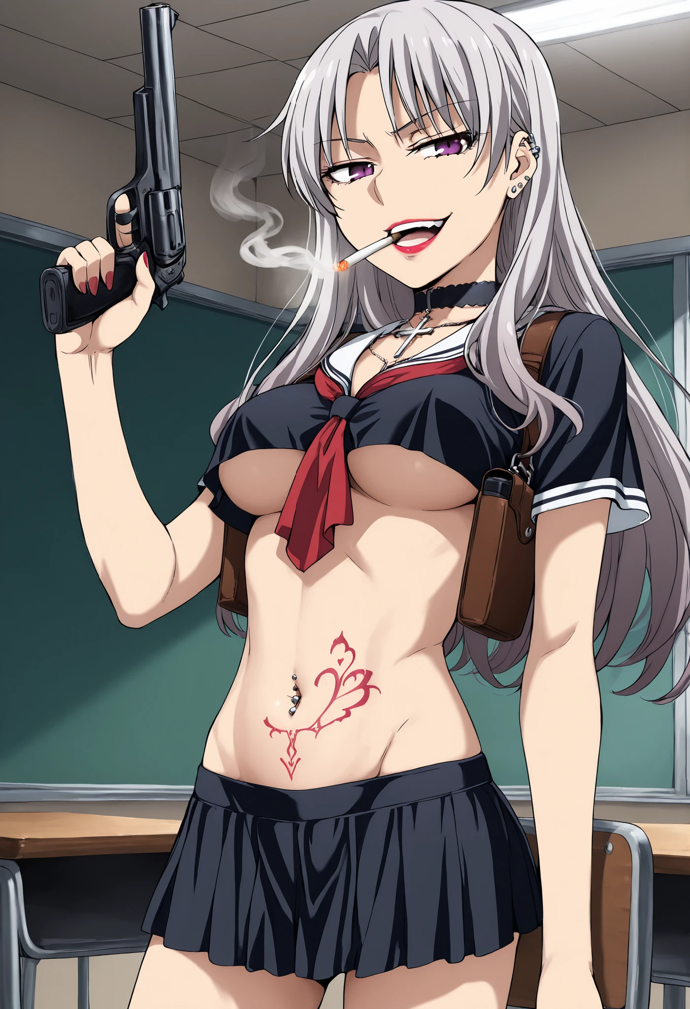 1girl fuka kiryuin asymmetrical bangs, standing, evil smile, blush, lipstick, masterpiece, best quality, ((unbuttoned , cleavage, necklace, earrings, sexy body,
breasts)) , micro skirt, smiling, navel , exposed belly, exposed navel,(nsfw) not safe for work,school, knot,
classroom , holding a gun, hold a gun