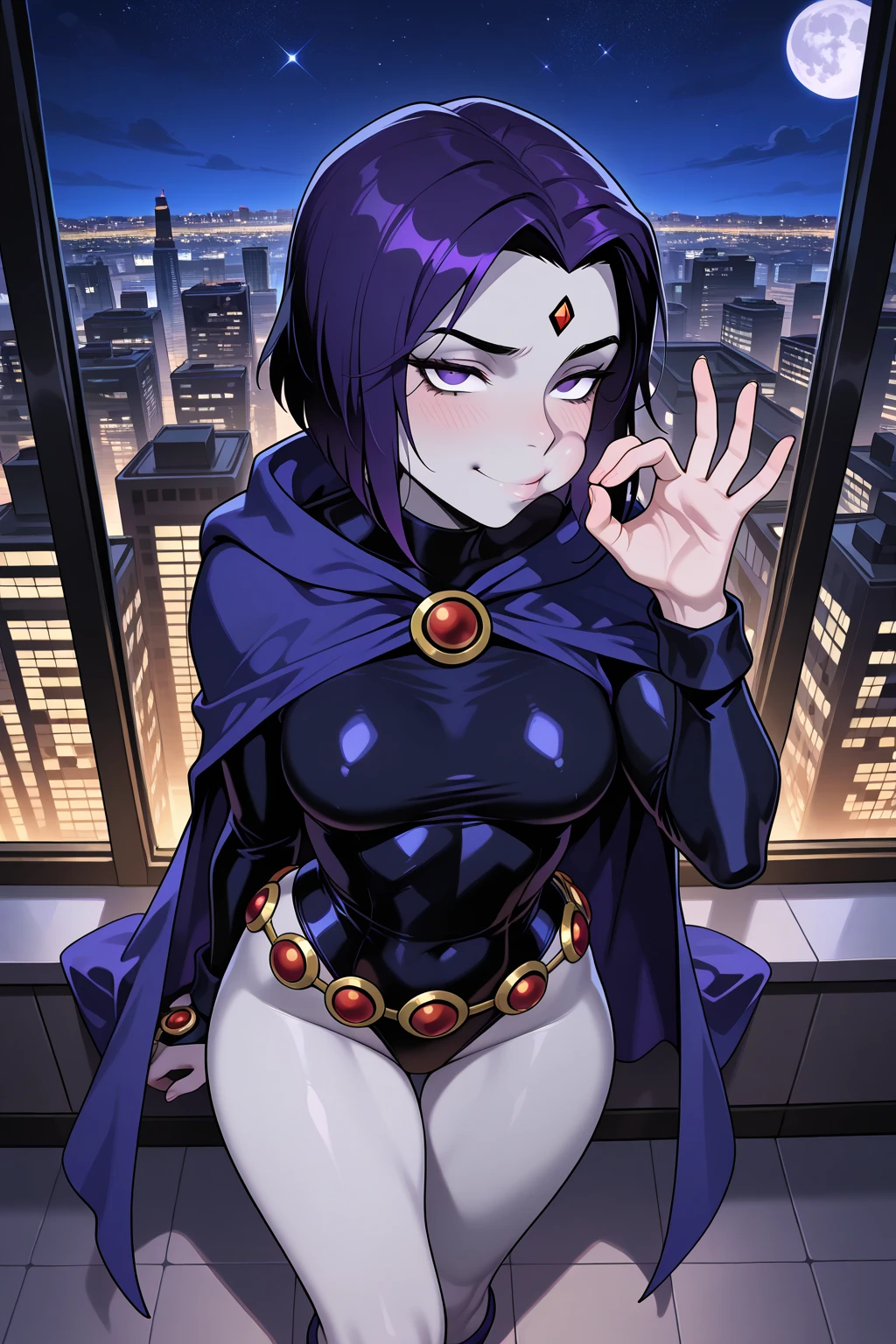 DC Character, Raven, dark violet hair, Beautiful cute face, Innocent, Charming, calm expression on his face, Facing the camera, grey skin, Skin color-grey, Body glare, ((pretty eyes)), dark purple eyes, ((Perfect Sexy Figure)), Ideal body shapes, big thighs, ((Subtle and beautiful)), ((Raven Apparel, Hero's Cloak)), Sexually seductive position lying in bed, Full-length, background: Futuristic Room in Dark Purple Tones in Window Sunset and City, Depth of field, ((ultra quality)), ((tmasterpiece)), clear image, crisp details, Realistic, Professional Photo Session, Clear Focus, the anime, Colorfully drawn