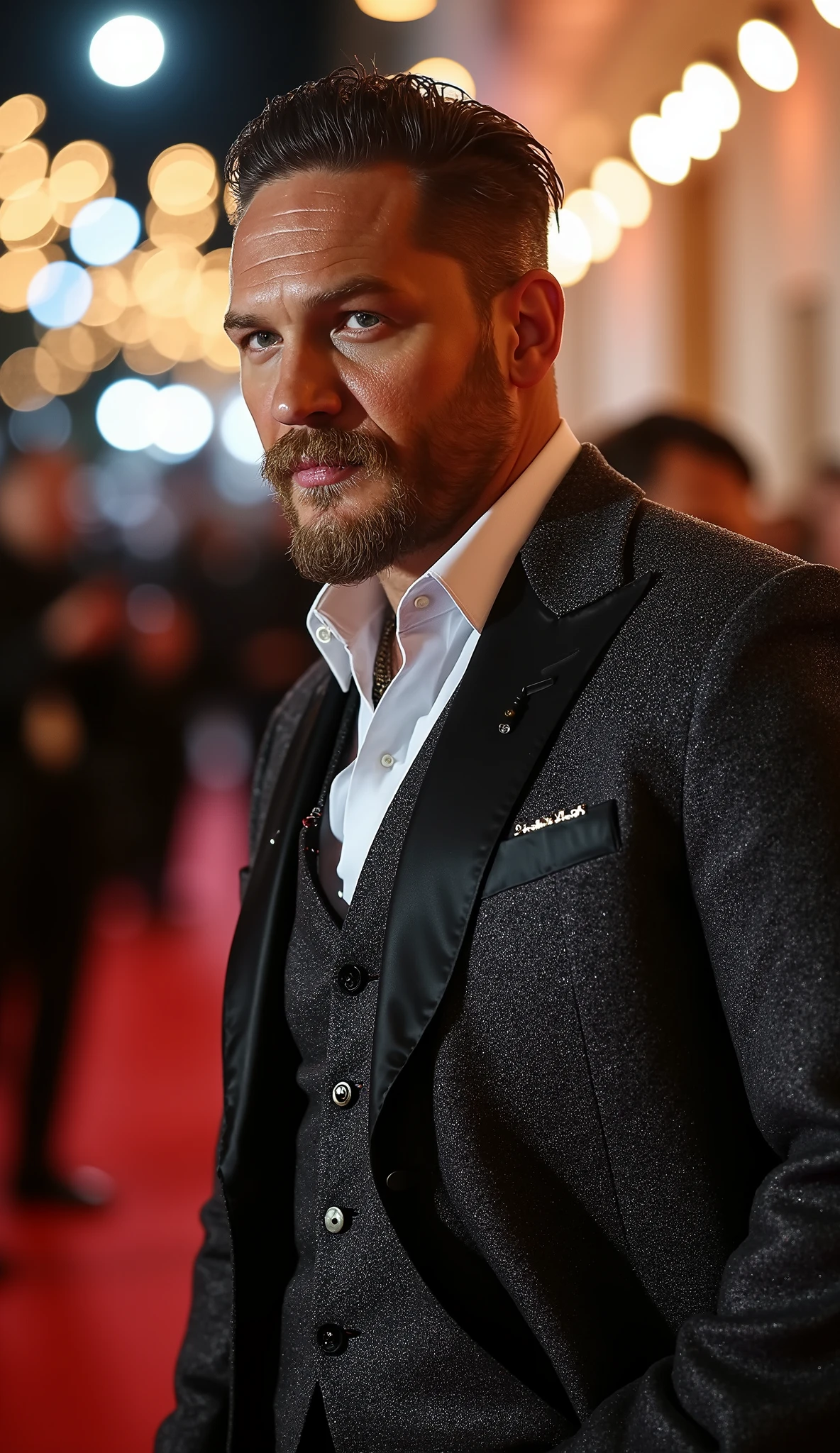 Tom Hardy, upper body portrait at a prestigious red carpet event, wearing a stylish and tailored gray suit with modern textures, subtle metallic details, confident and intense expression, cinematic lighting in steel gray, matte black, and warm amber tones, epic fashion event background with glowing lights, photographers, and atmospheric haze, ultra high detail