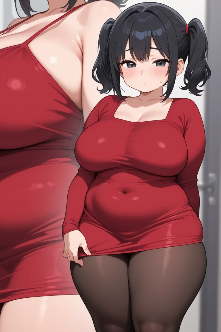 ((Masterpiece)), perfect ???????, perfect shading, field of depth, (best quality), extremely delicate and beautiful, perfect lighting, detailed face, ultra cute face, cute, ((1girl)), ((solo))
long fluffy black hair, glasses, green eyes, ((blush)), nervous, looking at viewer, sweater, short skirt, medium breasts, (thick thighs), (wide hips), chubby,
intricate background, detailed background, fast food restaurant, arms behind back, cowboy shot,