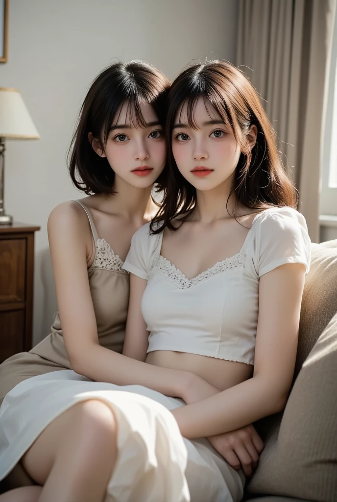 (Two beautiful girls), 8k, RAW photo, best quality, (masterpiece:1.2), ultra detailed, ultra high res, (realistic, photo realistic:1.37), absurdres:1.5, extremely detailed, 8k wallpaper, huge file size, extremely detailed beautiful girl, extremely detailed face, extremely detailed eyes, extremely detailed skin, extremely detailed fingers, extremely detailed nose, extremely detailed mouth, perfect hands, perfect fingers, perfect anatomy, highly detailed background, extremely detailed clothing, (17 years old:1.0), teenage, cute girl, famous japanese idol, kawaii, (medium breasts:1.0), realistic body, fair skin, slender body, good figure, ((Extra Long Hair:1.2)), looking at viewer, (bust shot:1.0), (heart-shaped pupils:1.2), (((thin eyebrows))), (nose blush), (embarrassed:1.2), (no makeup), ((((dreamy eyes)))),((Two young girls are wearing blouses with their buttons unbuttoned and their bras lowered to reveal their nipples.:1.3)),