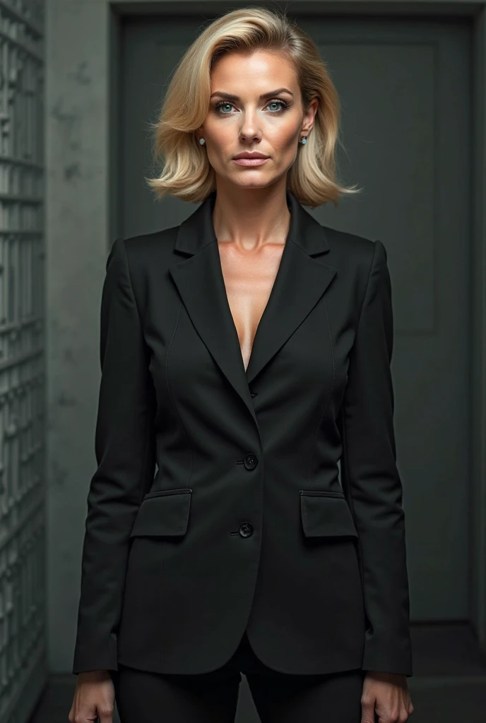 Mature woman, 30 years old, blonde hair, European woman, fully dressed, wearing a suit with turtleneck, full body in picture, multiple views, zoom out, serious, beautiful, cool, realistic hair, green eyes, discreet pose, european eyes, medium construction, medium round ass, medium long coat, beautiful clothes, cute black suit, modern office, bar on cover, masterpiece, ultra high res, (photorealistic: 1.4), raw photo, ultra realistic, detailed background, refined, detailed, realistic face, detailed face, realistic skin, (RAW photo, best quality), extremely detailed, CG, unit, amazing, fine details, light smile, extremely detailed CG 8k wallpaper unit, huge file size, ultra-detailed, highres, absurdres, soft light, half body, photo without background