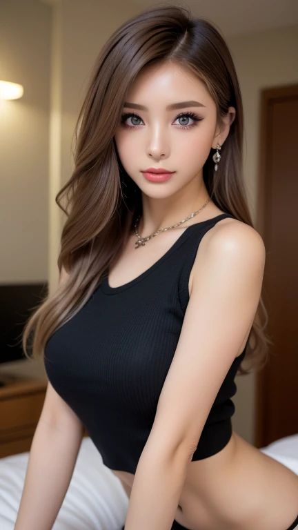 ((highest quality)), ((masterpiece)), (detailed), whole body、wallpaper、Attention to detail、Perfect proportions、Narrow waist、Light brown hair、Beautiful, clear skin、Beautiful white skin、Russian Beauty、(masterpiece:1.3), Best image quality: 1.4, (Rough long hairstyle:1.2)、A soft-looking bust、Cleavage:1.4、Wearing a black tank top、Wearing a black skirt