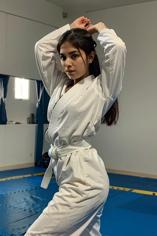 A Spaniard in a tight judo uniform、Supermodel、Black Hair、Long Hair、Wet with sweat、Only the chest is bare、The judo uniform is turned upside down、Judo Hall