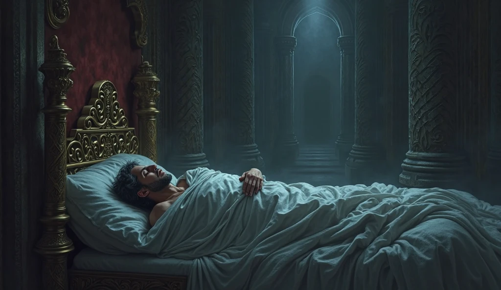 Create a black and white image of a dead Poseidon with a scepter in his hand