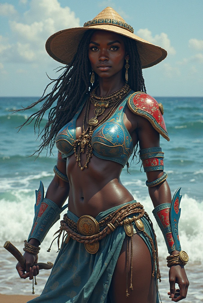 (masterpiece:1.4),(best quality:1.4),(absurdres:1.4),pin-up,
1girl, scenery, <lora:GAME_darli_dagger_ownwaifu:1>,
dark skin, dark-skinned female,all_female,dreadlocks,gloves,white bikini,sarong,very dark skin,breasts,headband,long hair,tattoo,purple hair,blue eyes,jewelry,fingerless gloves,weapon,muscular,criss-cross halter,halterneck,muscular female,bandages,beads,hair beads,abs,underboob,navel,swimsuit,belt,large breasts,multiple belts,armband,lips,shoulder tattoo,thigh strap,bracelet,cleavage,native american,toned,