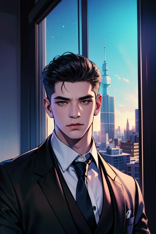 (masterpiece、top-quality、hight resolution、ultra-detailliert、)、1 male、独奏、Adults、mature、Tall and muscular man、broad shoulder、a handsome、extra very short hair、A dark-haired、brown-eyed、angular jaws、thick neck、thick eyebrow、natta、murky、City night view background、formal suit、neck tie、The upper part of the body
