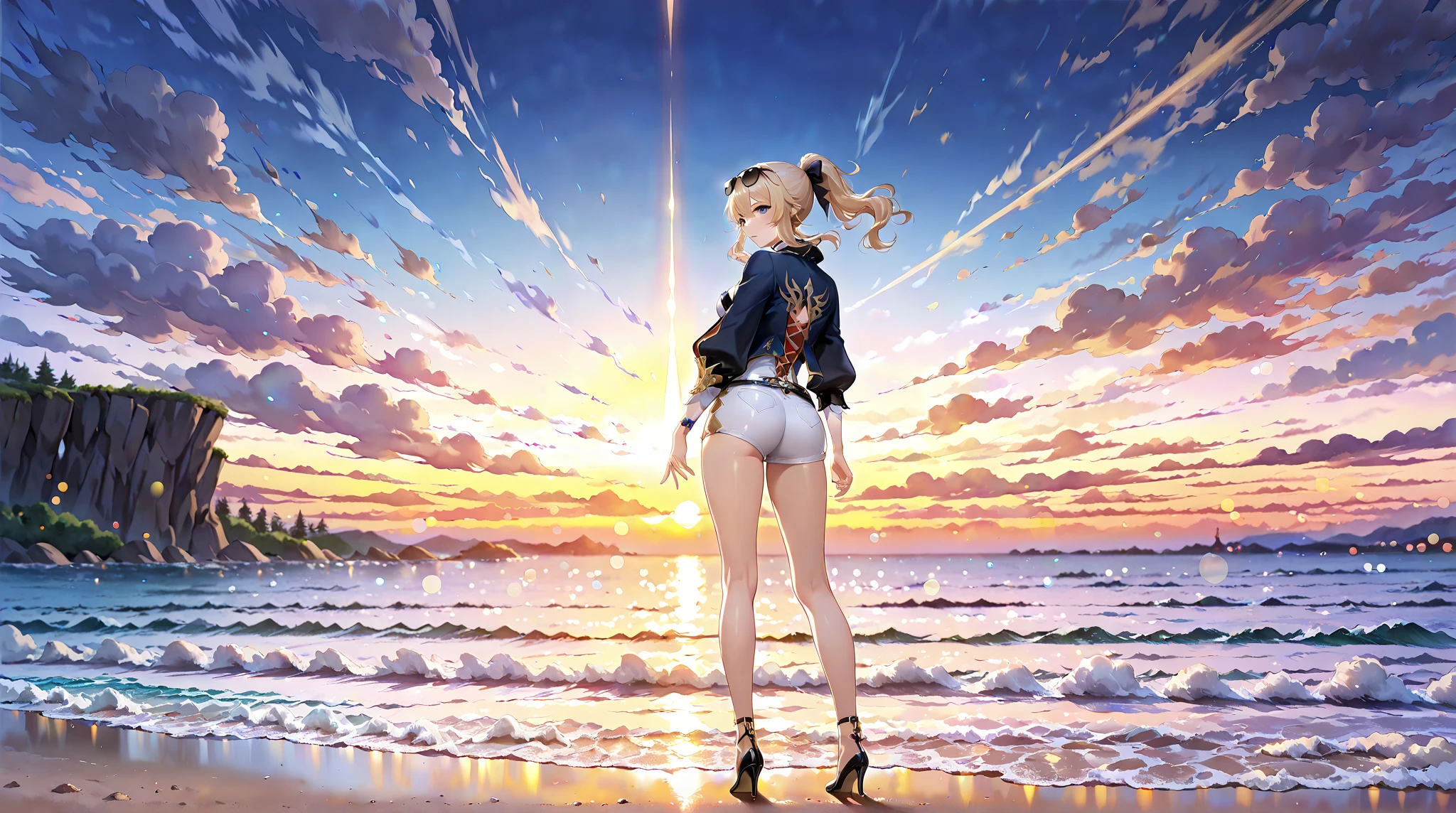 a KAWAII girl with a Halo wearing a tiny strapless bikini, standing on a sandy beach, under the warm sunset light. Her eyes look captivating and mysterious, with long eyelashes and a hint of playful charm. The bikini is very tiny, with white lace knitted and intricate details that accentuate her curves. The sand beneath her feet is golden and softly illuminated, creating a serene and dreamy atmosphere. The ocean waves gently kiss the shore, adding a soothing soundtrack to the scene. The overall image quality is top-notch, with ultra-detailed features, vivid colors, and a realistic, photorealistic rendering style. The lighting is carefully set to highlight the curves of her body, creating a beautiful play of light and shadows. The scene exudes a sense of summer vacation, freedom, and adventure. (((Volumetric lighting, Acutance:0.8, Thigh Gap))), (((NSFW:-1, nipple:-1)))