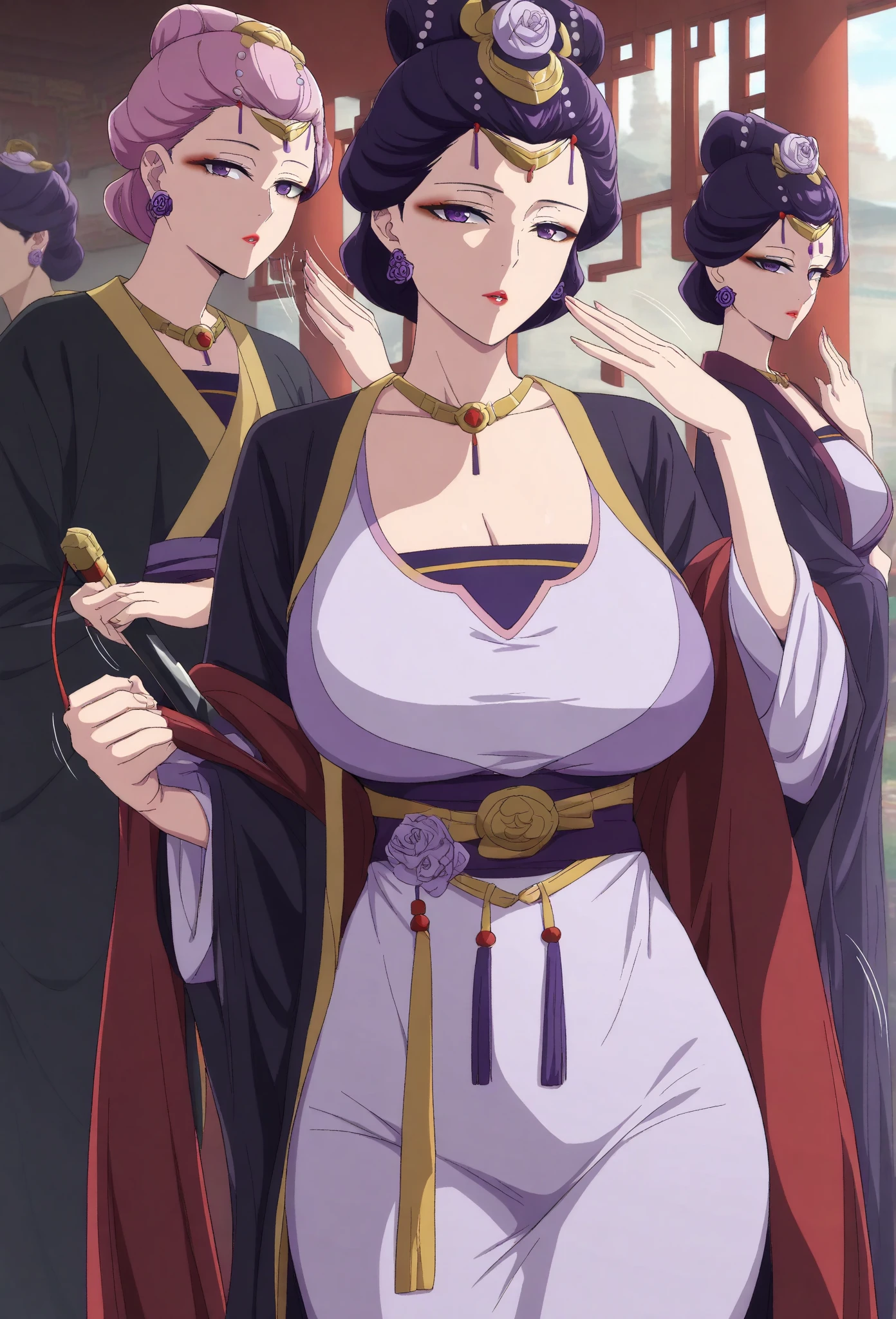 Score_9, score_8_up, score_7_up, score_6_up, score_5_up, score_4_up, source_anime, solo, 1girl, 30-years-old, whore, prostitute, gyaru mama, (nishizumi shiho), evening dress, long hair, blunt bangs, black hair