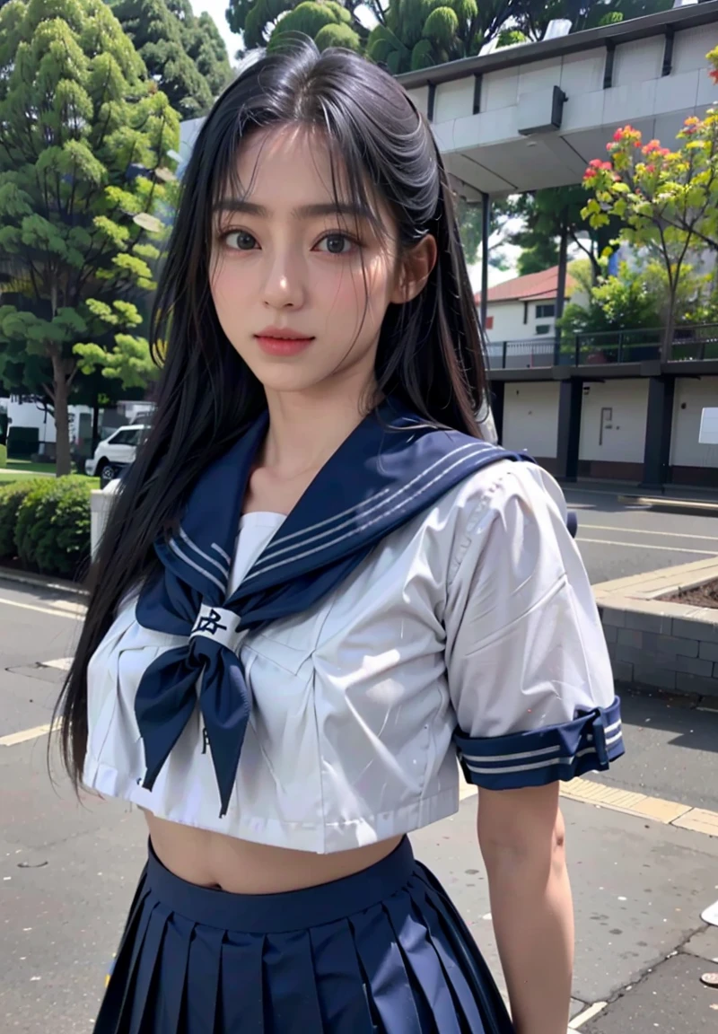 play sports often, (navy blue sailor uniform:1.2), (Navel exposed:1.2)、(Peach-colored underwear:1.1)、(Cyberpunk settings: 1.2), compensate,, (1 girl: 1.4), highest quality, masterpiece, (reality: 1.2), young woman, lady, detailed face, fine eyes, fine hair, fine skin, looking at the viewer, dramatic, vibrant, sharp focus, 50mm, f1.2, EOS R8, (3/4 body: 1.2), (Inside the train in the background: 1.6), (highest qualityの詳細: 1.2), 8K HD,(spread legs:1.2),