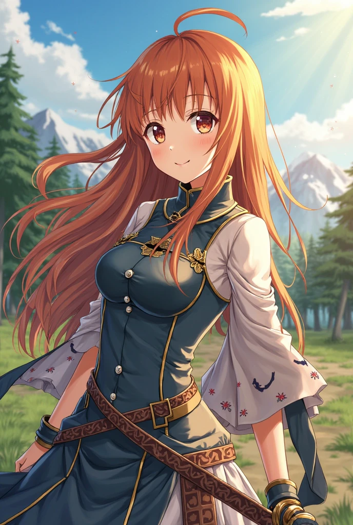 beautiful lighting, best quality, masterpiece, detailed background, shining skin, shining body, shiny skin, dynamic angle, mid shot, bewitching hips, femist, <lora:mist-nvwls-v1-final:0.8>, long hair, white scarf, orange vest, yellow dress, cleavage window, cleavage cutout, fingerless gloves, nature, mountain range, hand on own chest, serious expression, wind, holding a staff