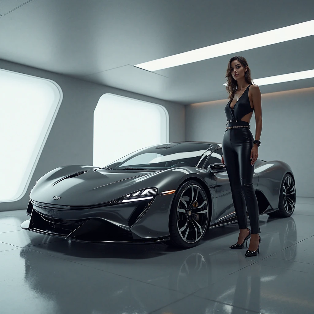 (a girl in a silver dress),(standing next to a car),(sexy silver dress),illustration,oil painting,(best quality,4k,8k,highres,masterpiece:1.2),ultra-detailed,realistic,portrait,vivid colors,soft lighting