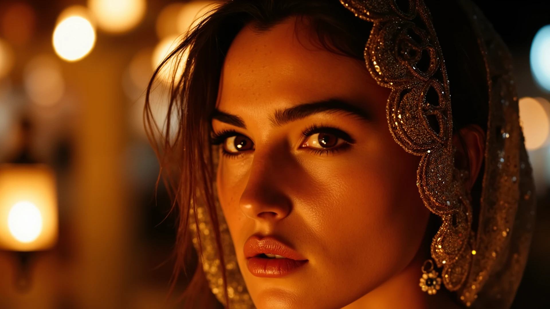 athletic buxom build female lantern merchant in a gauzy gold-embroidered veil and plunging silk halter, frame shows only her right eye, brow, and hint of jeweled nose stud; deep hazel iris shot through with gold, liquid lantern catch-light; hyper-real skin with visible pores, faint freckles, tiny sweat beads //[SETTING] — twilight in Marrakesh, Morocco //[LIGHTING] — flickering lantern key from camera-left casting warm molten highlights in the iris; cool dusk fill from open market entry on camera-right adding gentle shadow gradient across cheek //[CAMERA] — full-frame sensor, 50 mm lens, f 5.6, vertical 9 : 16 perspective, extreme macro focus on iris, lashes, and micro skin detail //[VIBE] — exotic, intimate; molten ambers contrasted with deep sapphire reflections, modern North-African night-market editorial mood //[QUALITY] — RAW photo, ultra-high-res, 8 K, razor-sharp, realistic micro motion blur (subtle breathing), natural skin texture with imperfections //[NEGATIVE] — cartoon, uncanny valley, extra limbs, sports themes