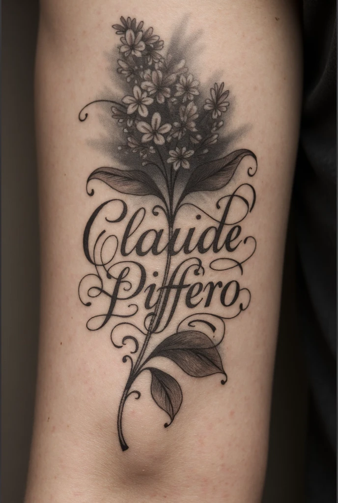 Minimalist tattoo that says mariarafico and musical notes and flowers appear around it, sin color, very feminine and delicate on the back right side