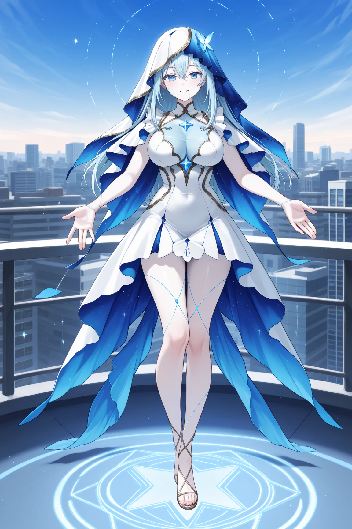 best quality, masterpiece, highres, detailed, perfect anatomy, <lora:Detail - add_detail:0.2>, VivyFEye, blue hair, white dress, fur trim,  expressionless,  blue hair, long hair, 1girl,  <lora:VivyFEye-09:0.7>, dynamic colors, mature female, fighting stance, white boots, city, ahoge,
