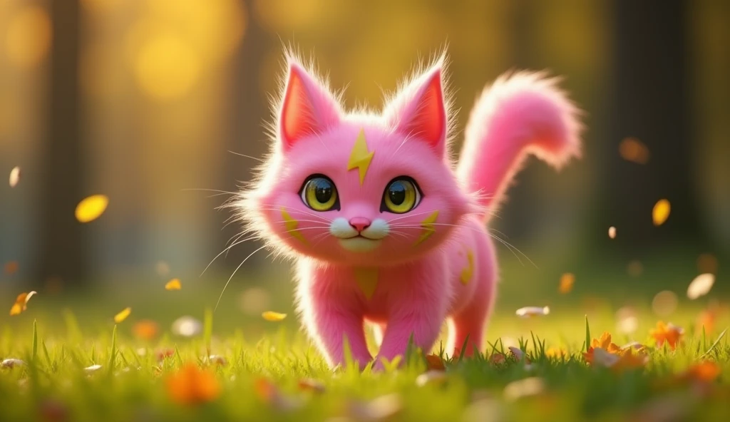 a pokemon look like a cat with neon pink fur and yellow lightning bolt markings on body, cute face, realistic scene (realistic: 1.5), cinematic scene (cinematic: 1.5), realistic color, high quality image, 8K resolution, bright scene, forest, autumn sunshine, green lawn, falling yellow leaves, cat running fast on the lawn