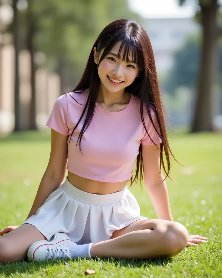 (masterpiece, Highest quality:1.4), Award-winning portraits, 8K, 85mm, alone, Beautiful Face, Delicate girl, (On the grass), Sophisticated, cute, 15 years old, RAW Photos, Confused, High resolution, Sharp focus, Background Blur、(((Flat Chest 、thin and delicate body、Childish atmosphere)))、shiny semi-long hair、ponytail、I have a small mole on my left cheek、 Dark brown eyes、Hair swaying in the wind、sexy、flexible legs、Simple gym wear without text、Knee Shot、Smile shyly、Shot from below、Are sleeping