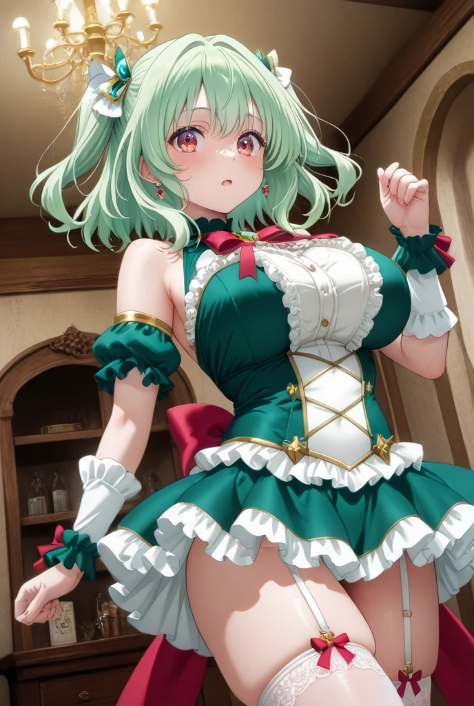 (Girl),(anime),(young),(Pretty),(hot),(white),(height 1.72 cm),(Long green hair and green eyes),(21 years old),(super mature body),(with gigantic breasts measuring 156cm),(big ass),(wearing),+(A sexual Christmas dress showing the shoulders and falling showing the piggy bank in the middle of the breasts, a super short sensual skirt going up to the thighs)