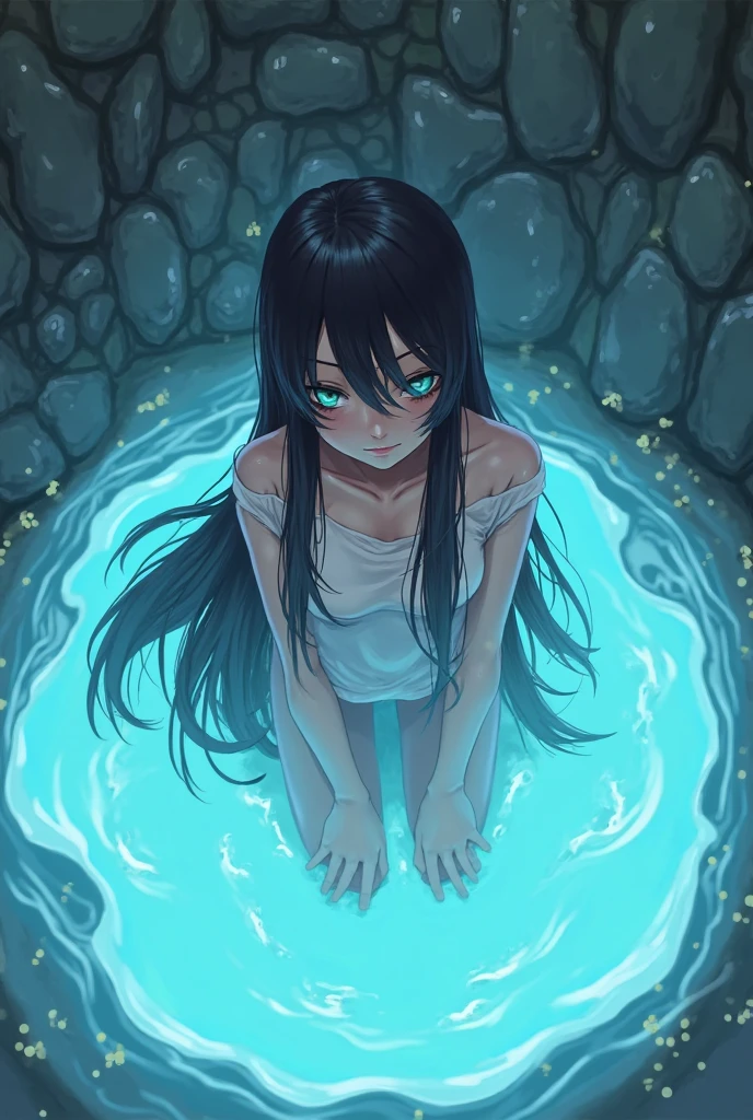 ((A far view)) of a black-haired anime teen girl, (sitting in a (huge pool) inside the water, ((strong sunlight)), cinematic light, slim body, skin is perfectly healthy, soft, and smooth, Extremely delicate and beautiful CG illustration, best quality, high resolution, dynamic angle, full-length lens, (1 girl), floating, soft light, high-key lighting), glowing light, blue halo, blue crystal, (((wearing (nothing) but a white (pure) (transparent) tank top))), ((very cinematic)), ((half naked)), (raining: 1.2), barefoot, ((water covering entire body besides head))