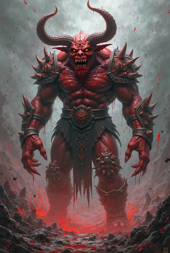 Create an original yokai named Kubinage Oni. This yokai has a large red body, wields an axe in its hands, attacks by aiming at the neck, has broken horns on its head, a bloodstained mouth, an expression of terrifying rage, and roars in a deep, guttural voice. The background is the site of a battlefield, emphasizing a menacing and bloody atmosphere.