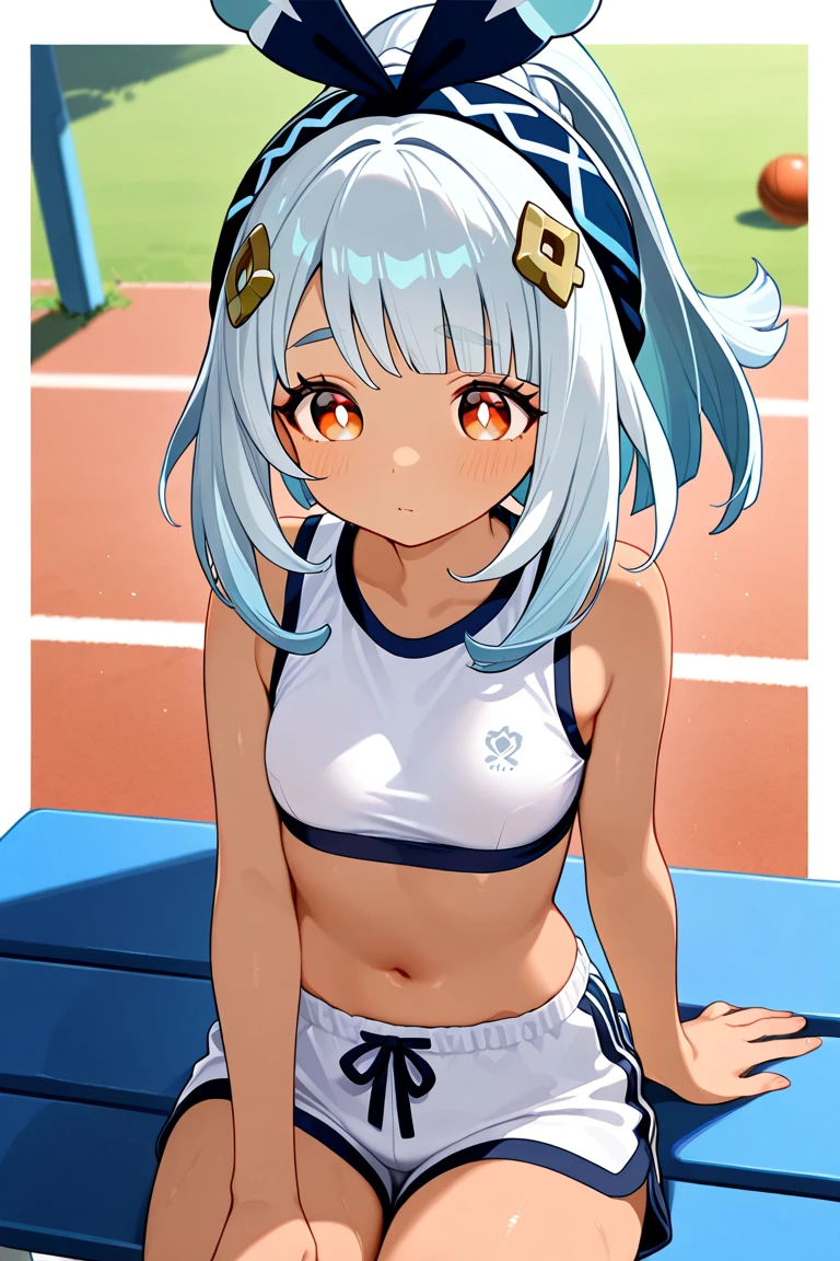 Best Quality, top-quality、(cute petit girl:1.3),Beautiful pink eyes、flat chest、Lori、(Cuteness beyond limits)、Shining thighs、((Cute smile))、tied up with a collar、Track & Field Jerseys、Show your belly button、Open the crotch、bend knee